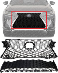 Front Upper & Lower Grille Shell And Insert Plastic Direct Replacement Compatible With 2016-2018 Lexus RX450h / 2016-2019 RX350 LX1200183 LX1200185 531110E210 531120E160