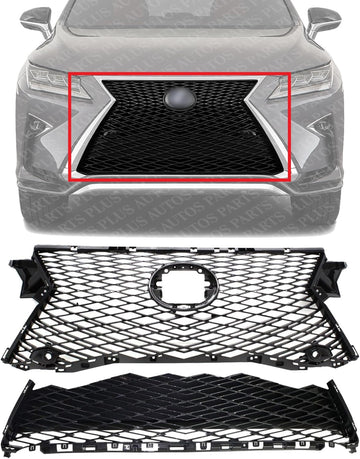 Front Upper & Lower Grille Shell And Insert Plastic Direct Replacement Compatible With 2016-2018 Lexus RX450h / 2016-2019 RX350 LX1200183 LX1200185 531110E210 531120E160