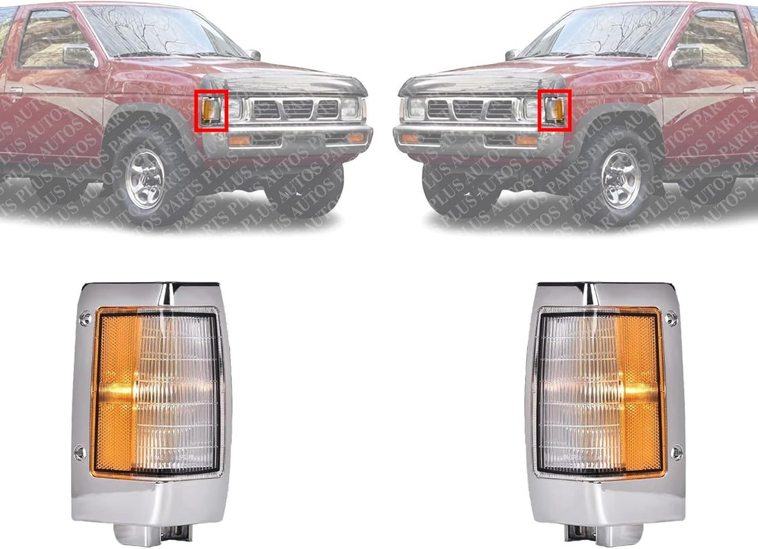 Set Of 2 Front Corner Lamp Assembly With Chrome Trim Right Passenger & Left Driver Side Direct Replacement Compatible With 1990-1997 Nissan Pickup NI2551107 NI2550107 B611088G00