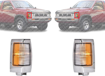 Set Of 2 Front Corner Lamp Assembly With Chrome Trim Right Passenger & Left Driver Side Direct Replacement Compatible With 1990-1997 Nissan Pickup NI2551107 NI2550107 B611088G00