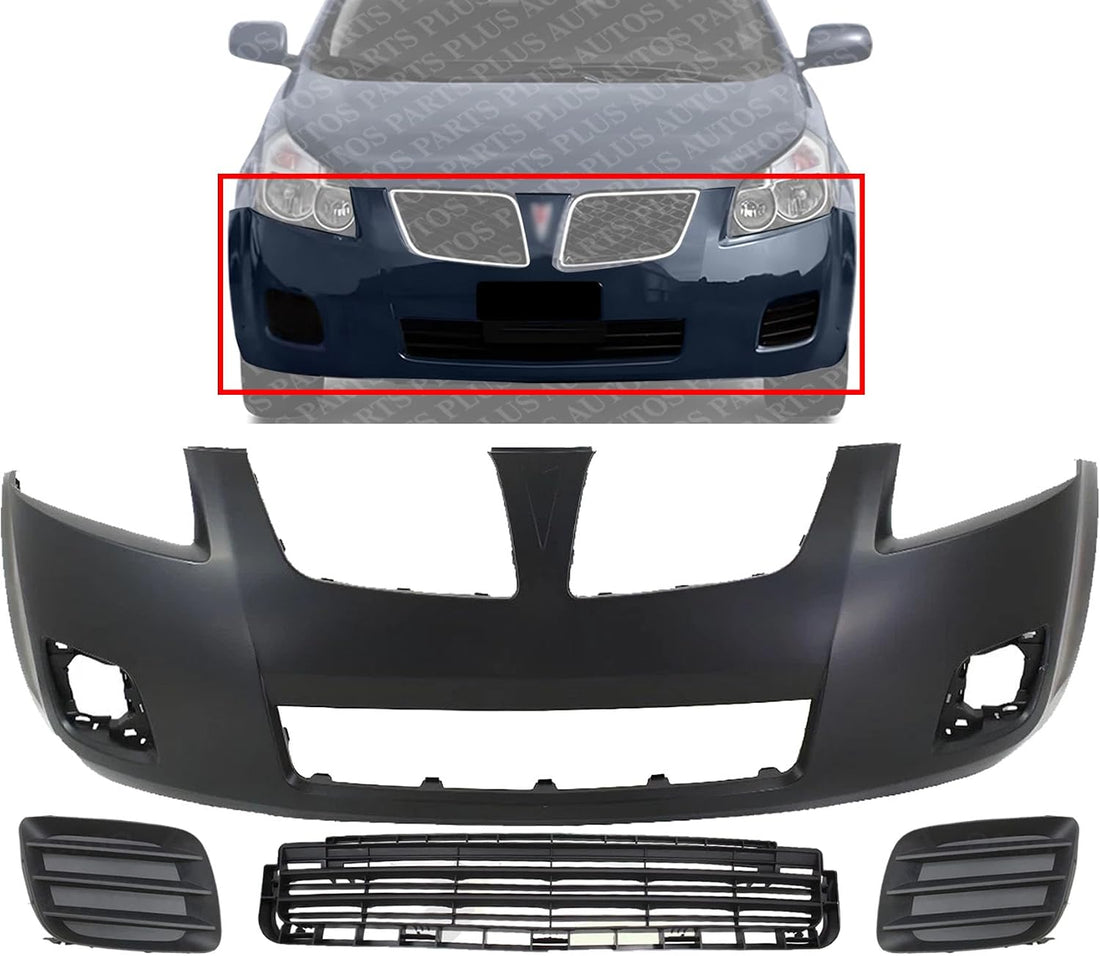 Front Bumper Cover Primed Plastic + Lower Grille + Fog Light Cover Left Driver & Right Passenger Side Direct Replacement Compatible With 2009-2010 Pontiac Vibe