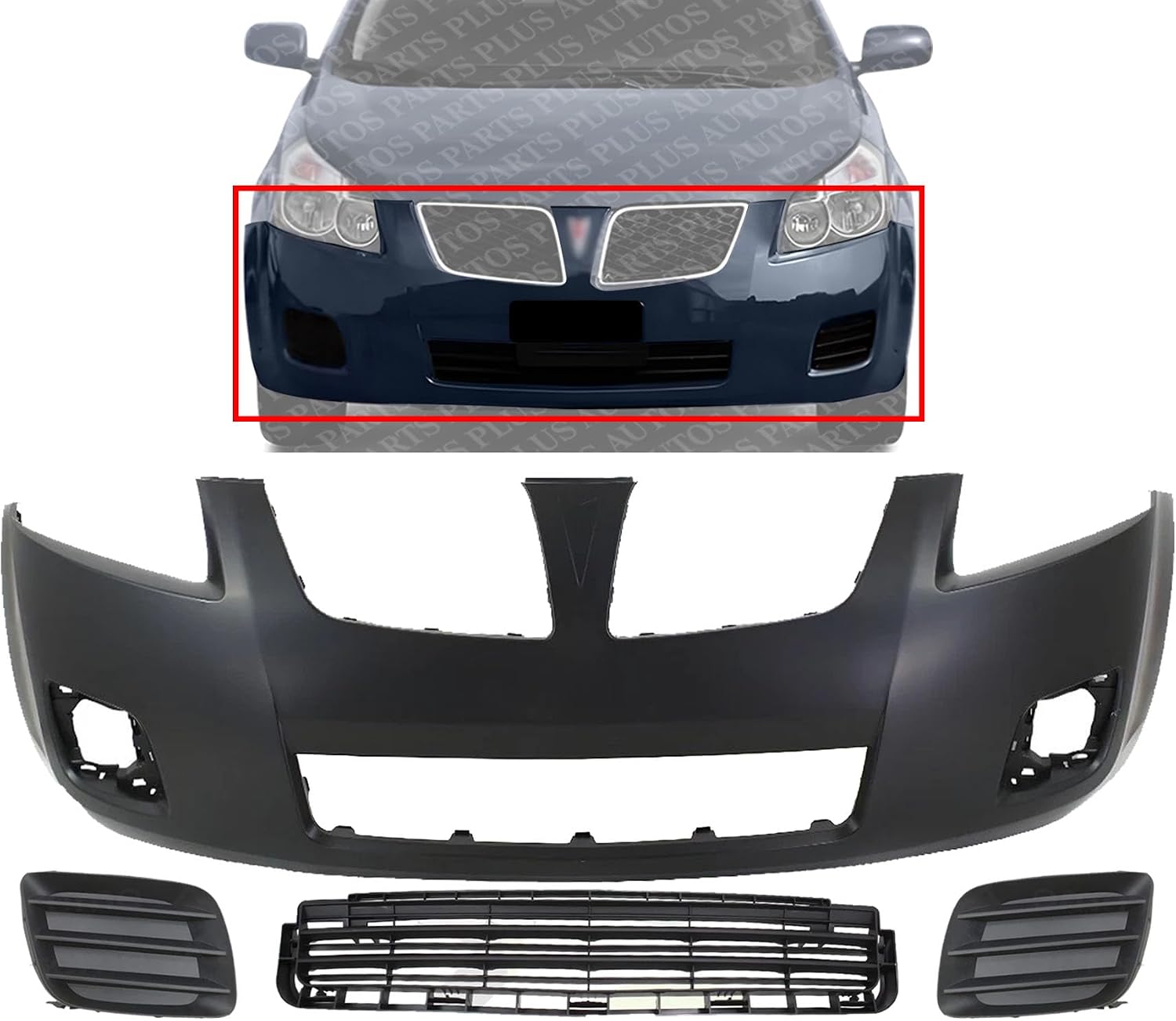 Front Bumper Cover Primed Plastic + Lower Grille + Fog Light Cover Left Driver & Right Passenger Side Direct Replacement Compatible With 2009-2010 Pontiac Vibe