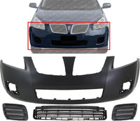 Front Bumper Cover Primed Plastic + Lower Grille + Fog Light Cover Left Driver & Right Passenger Side Direct Replacement Compatible With 2009-2010 Pontiac Vibe