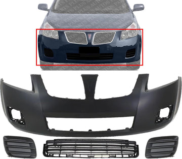Front Bumper Cover Primed Plastic + Lower Grille + Fog Light Cover Left Driver & Right Passenger Side Direct Replacement Compatible With 2009-2010 Pontiac Vibe