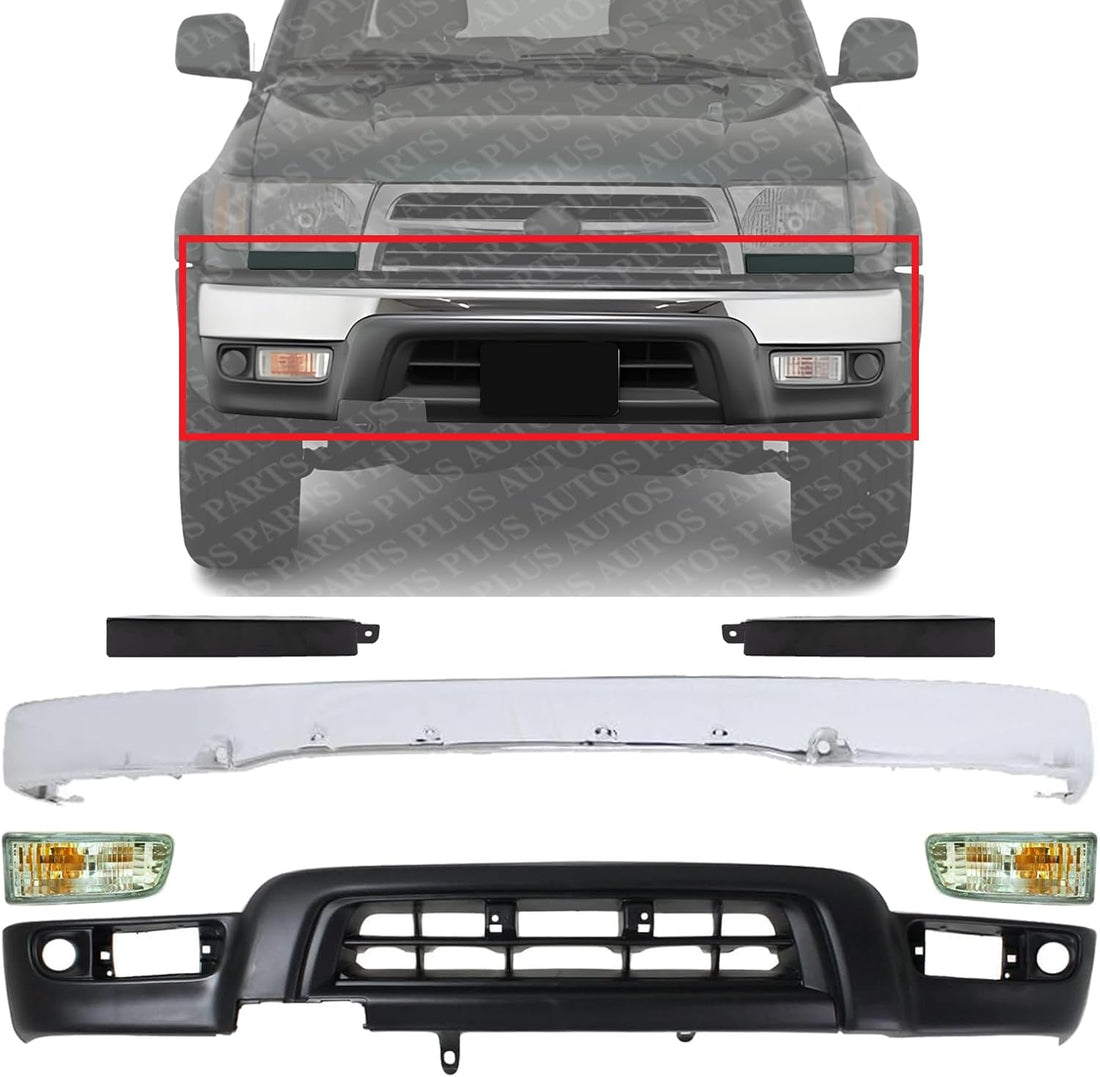 Front Bumper Chrome + Lower Valance Primed + Grille Extension Filler + Signal Lamp Left Driver & Right Passenger Side Direct Replacement Compatible With 1999-2002 Toyota 4Runner