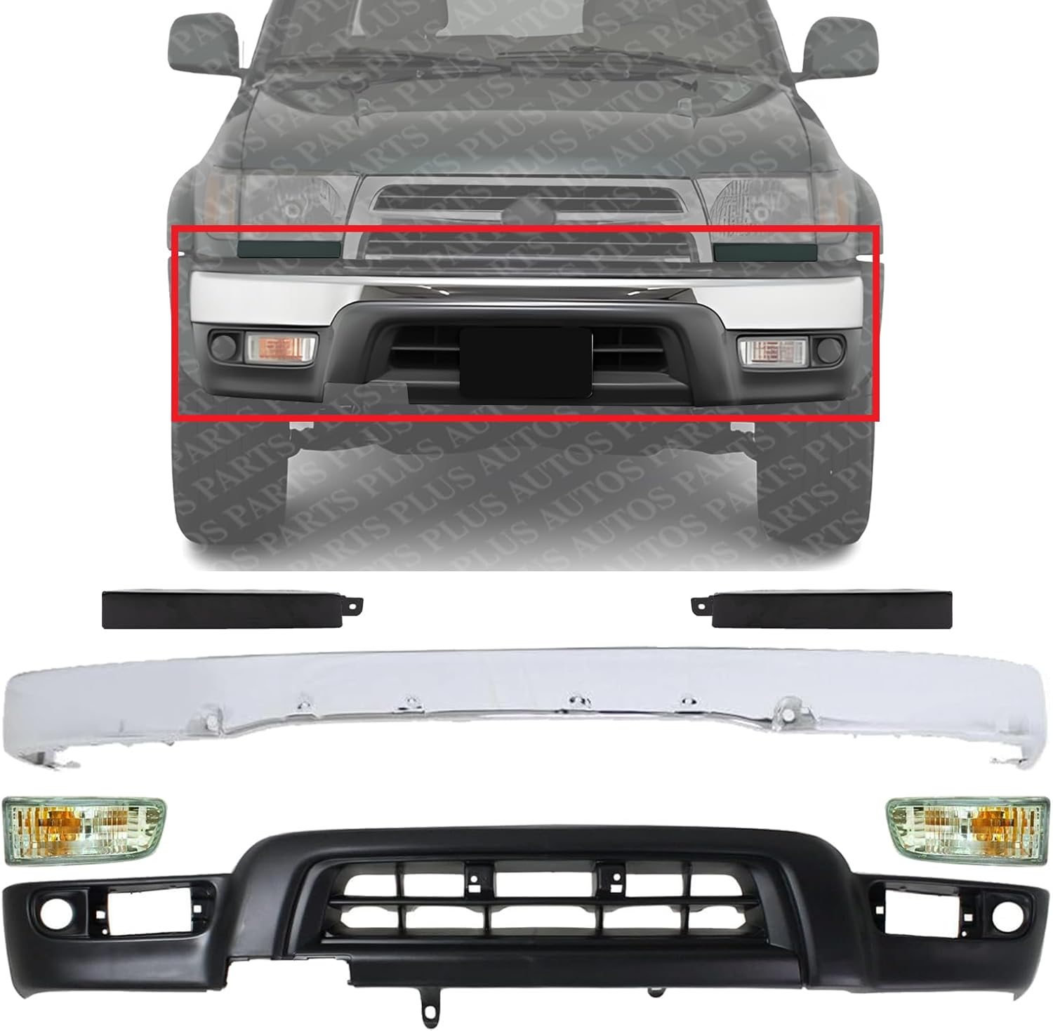 Front Bumper Chrome + Lower Valance Primed + Grille Extension Filler + Signal Lamp Left Driver & Right Passenger Side Direct Replacement Compatible With 1999-2002 Toyota 4Runner