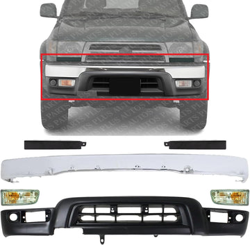 Front Bumper Chrome + Lower Valance Primed + Grille Extension Filler + Signal Lamp Left Driver & Right Passenger Side Direct Replacement Compatible With 1999-2002 Toyota 4Runner