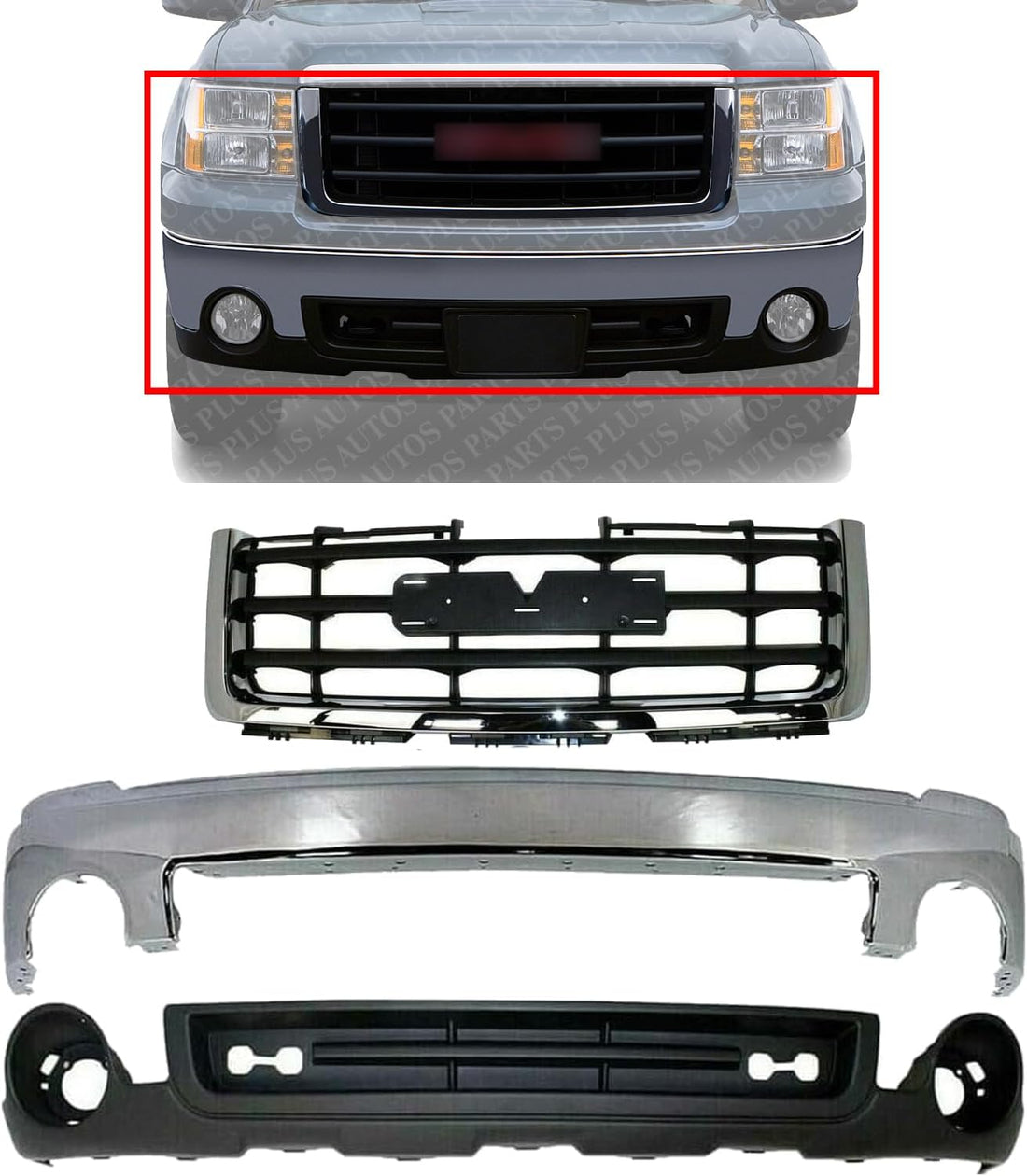 Front Bumper Steel + Grille Chrome Shell With Primed Insert + Lower Valance Air Deflector Textured Direct Replacement Compatible With GMC Sierra 1500 2007-2013 GM1015100 GM1002833