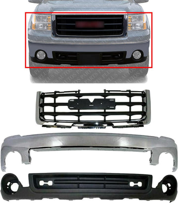 Front Bumper Steel + Grille Chrome Shell With Primed Insert + Lower Valance Air Deflector Textured Direct Replacement Compatible With GMC Sierra 1500 2007-2013 GM1015100 GM1002833