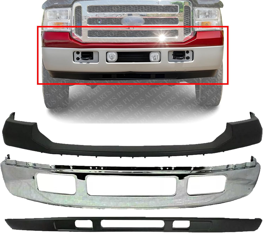 Front Bumper Chrome + Upper Cover Primed + Lower Valance Textured Direct Replacement Compatible With 2005-2007 Ford F-Series FO1002392 FO1095219 FO1057292 5C3Z17757BA 5C3Z17626AAA