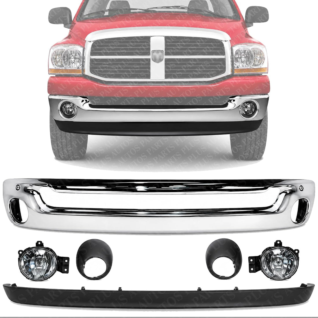 Front Bumper Face Bar Chrome Steel + Lower Valance Air Dam + Fog Lamps + Moldings Left & Right Side Direct Replacement Compatible With 2002-2008 Dodge Ram 1500/2003-2009 2500 3500