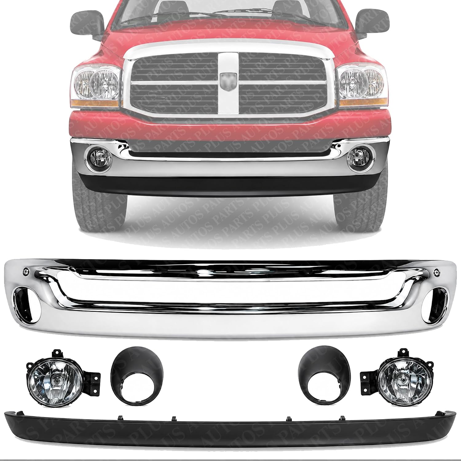 Front Bumper Face Bar Chrome Steel + Lower Valance Air Dam + Fog Lamps + Moldings Left & Right Side Direct Replacement Compatible With 2002-2008 Dodge Ram 1500/2003-2009 2500 3500