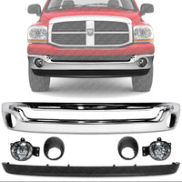 Front Bumper Face Bar Chrome Steel + Lower Valance Air Dam + Fog Lamps + Moldings Left & Right Side Direct Replacement Compatible With 2002-2008 Dodge Ram 1500/2003-2009 2500 3500