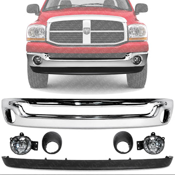 Front Bumper Face Bar Chrome Steel + Lower Valance Air Dam + Fog Lamps + Moldings Left & Right Side Direct Replacement Compatible With 2002-2008 Dodge Ram 1500/2003-2009 2500 3500