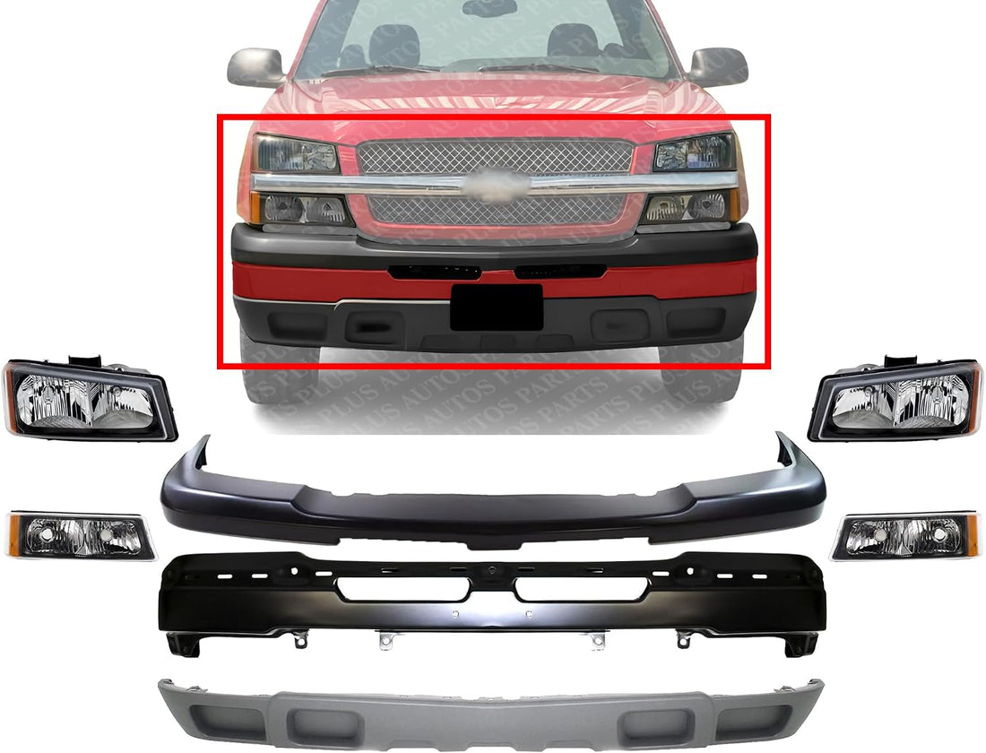 Front Bumper + Upper Cover Primed + Lower Valance Textured + Signal + Headlights Left & Right Side Direct Replacement Compatible With 2003-2006 Chevrolet Silverado 1500 GM1002417