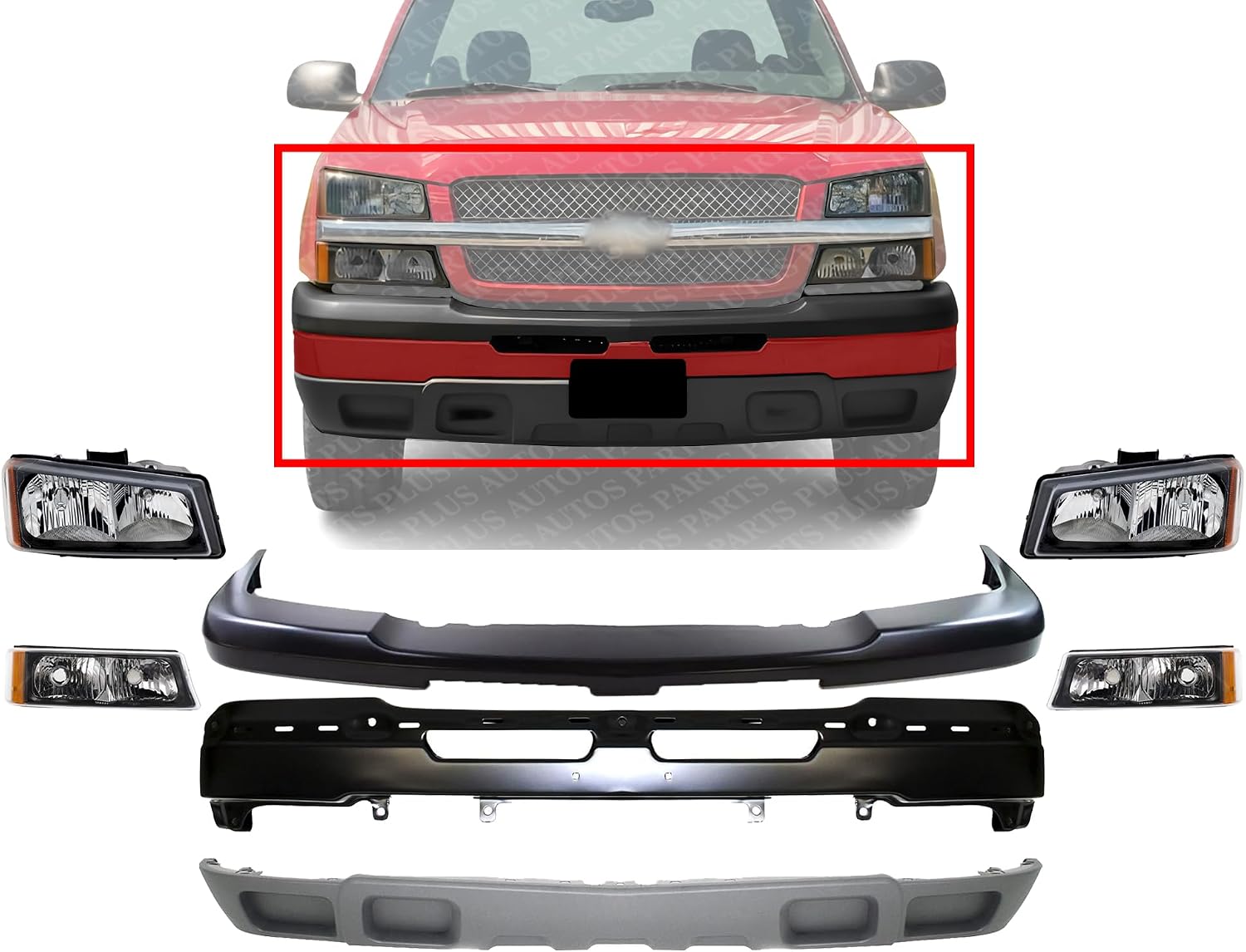 Front Bumper + Upper Cover Primed + Lower Valance Textured + Signal + Headlights Left & Right Side Direct Replacement Compatible With 2003-2006 Chevrolet Silverado 1500 GM1002417