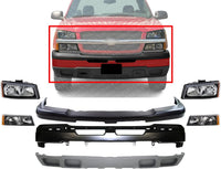 Front Bumper + Upper Cover Primed + Lower Valance Textured + Signal + Headlights Left & Right Side Direct Replacement Compatible With 2003-2006 Chevrolet Silverado 1500 GM1002417