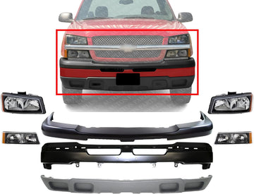 Front Bumper + Upper Cover Primed + Lower Valance Textured + Signal + Headlights Left & Right Side Direct Replacement Compatible With 2003-2006 Chevrolet Silverado 1500 GM1002417