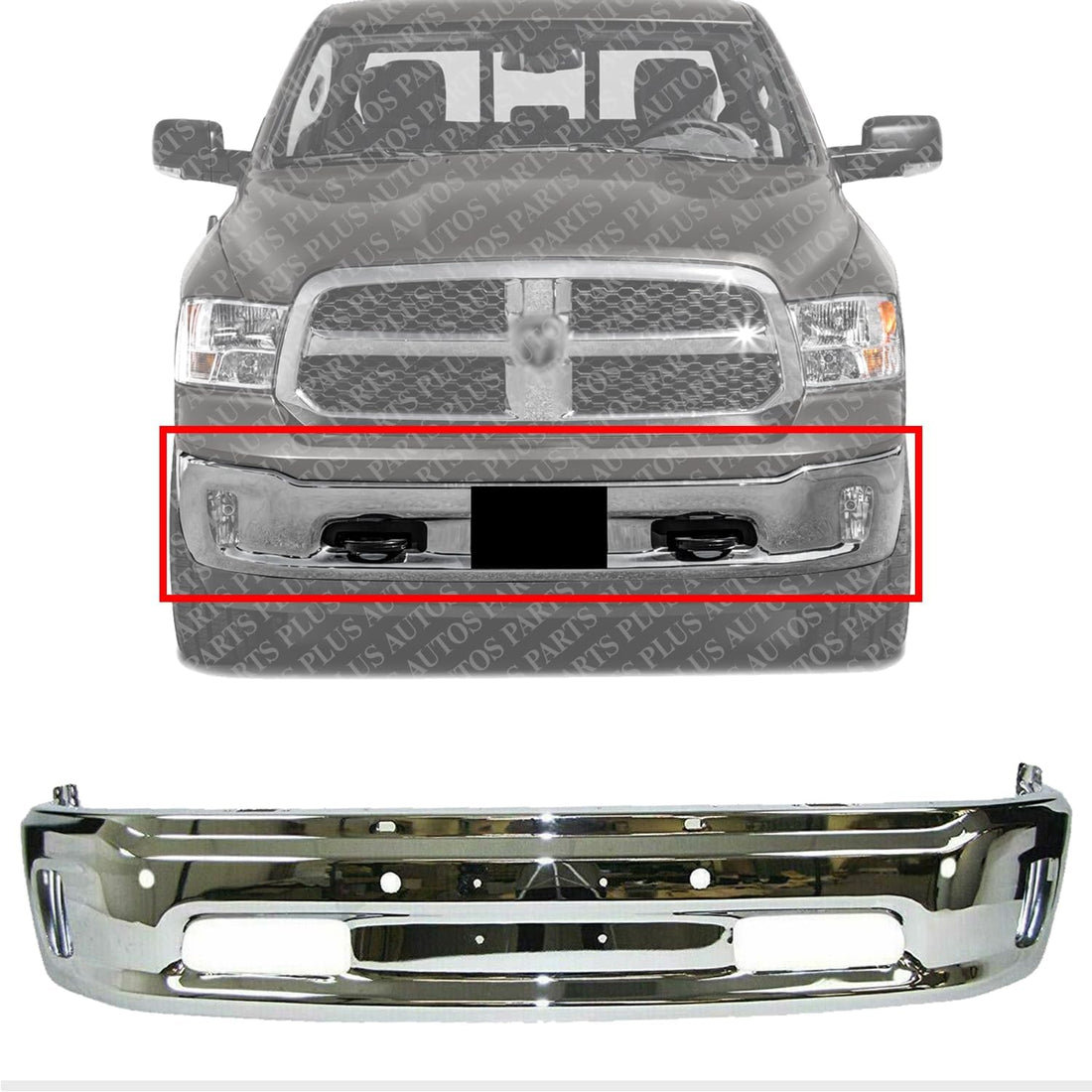 Front Bumper Steel Chrome With Parking Aid Sensor & Fog Light Holes Direct Replacement Compatible With 2014-2018 Ram 1500 CH1002402 68160857AA