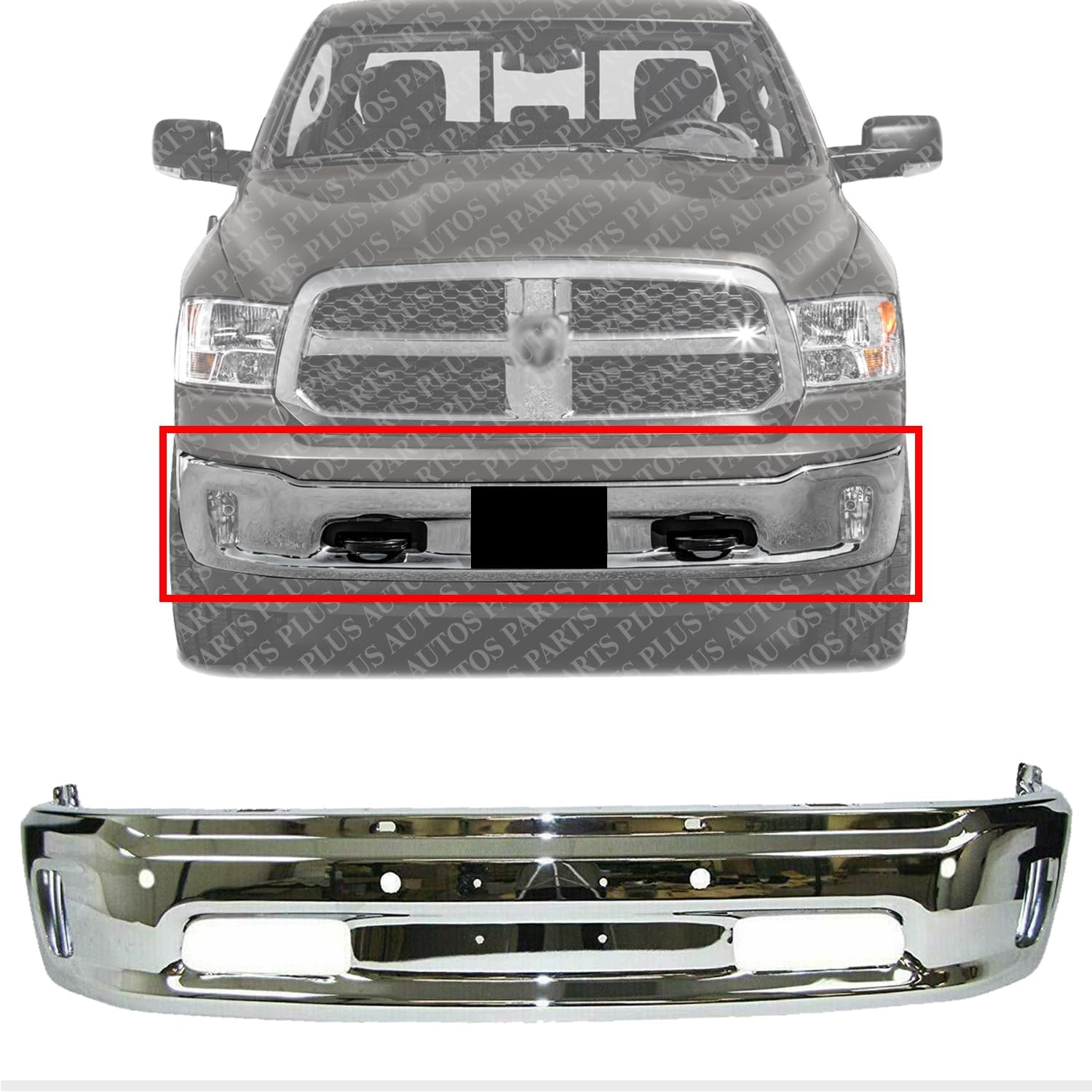 Front Bumper Steel Chrome With Parking Aid Sensor & Fog Light Holes Direct Replacement Compatible With 2014-2018 Ram 1500 CH1002402 68160857AA