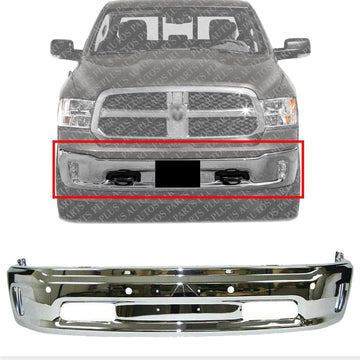 Front Bumper Steel Chrome With Parking Aid Sensor & Fog Light Holes Direct Replacement Compatible With 2014-2018 Ram 1500 CH1002402 68160857AA