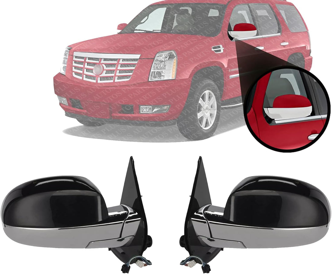 Set of 2 Front Power Mirrors Folding Heated Chrome Body With Primed Cap Left Driver & Right Passenger Side Direct Replacement Compatible With 2007-2014 Cadillac Escalade 25776162