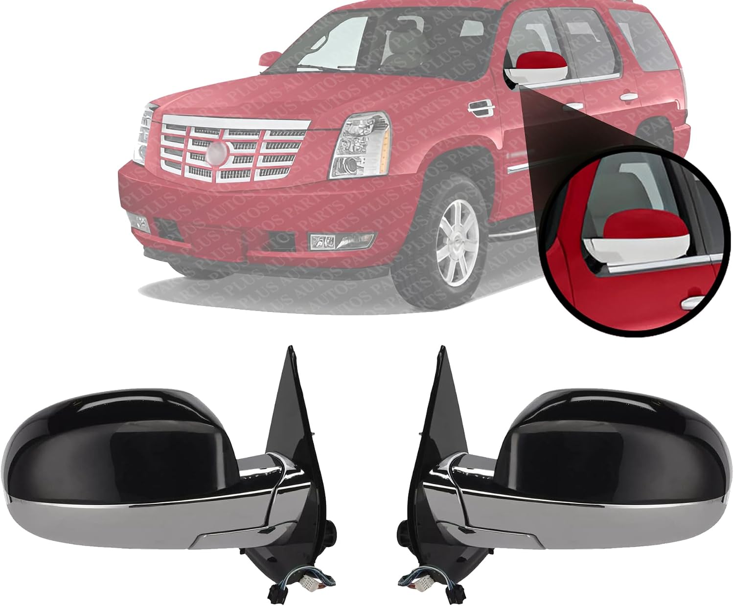 Set of 2 Front Power Mirrors Folding Heated Chrome Body With Primed Cap Left Driver & Right Passenger Side Direct Replacement Compatible With 2007-2014 Cadillac Escalade 25776162