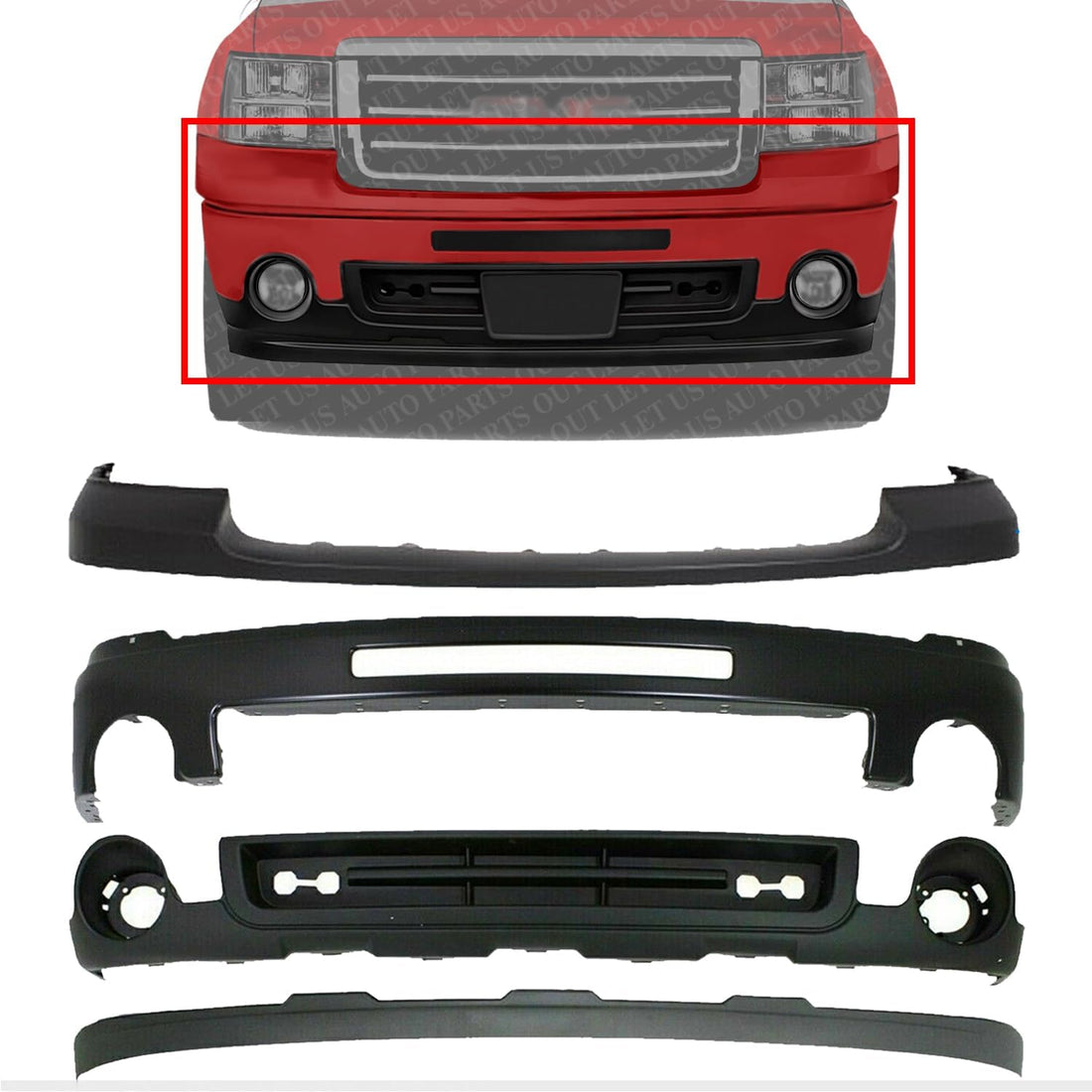 Front Bumper Steel + Upper Cover Primed + Lower Valance Air Deflector + Extension Textured Direct Replacement Compatible With 2007-2013 GMC Sierra 1500 GM1015100 GM1092211 GM1014102