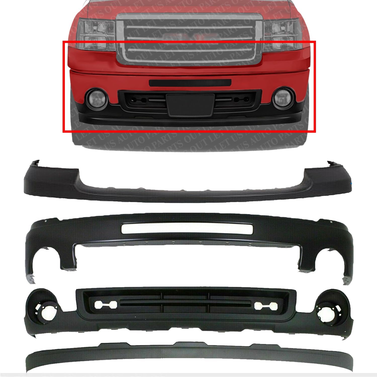 Front Bumper Steel + Upper Cover Primed + Lower Valance Air Deflector + Extension Textured Direct Replacement Compatible With 2007-2013 GMC Sierra 1500 GM1015100 GM1092211 GM1014102