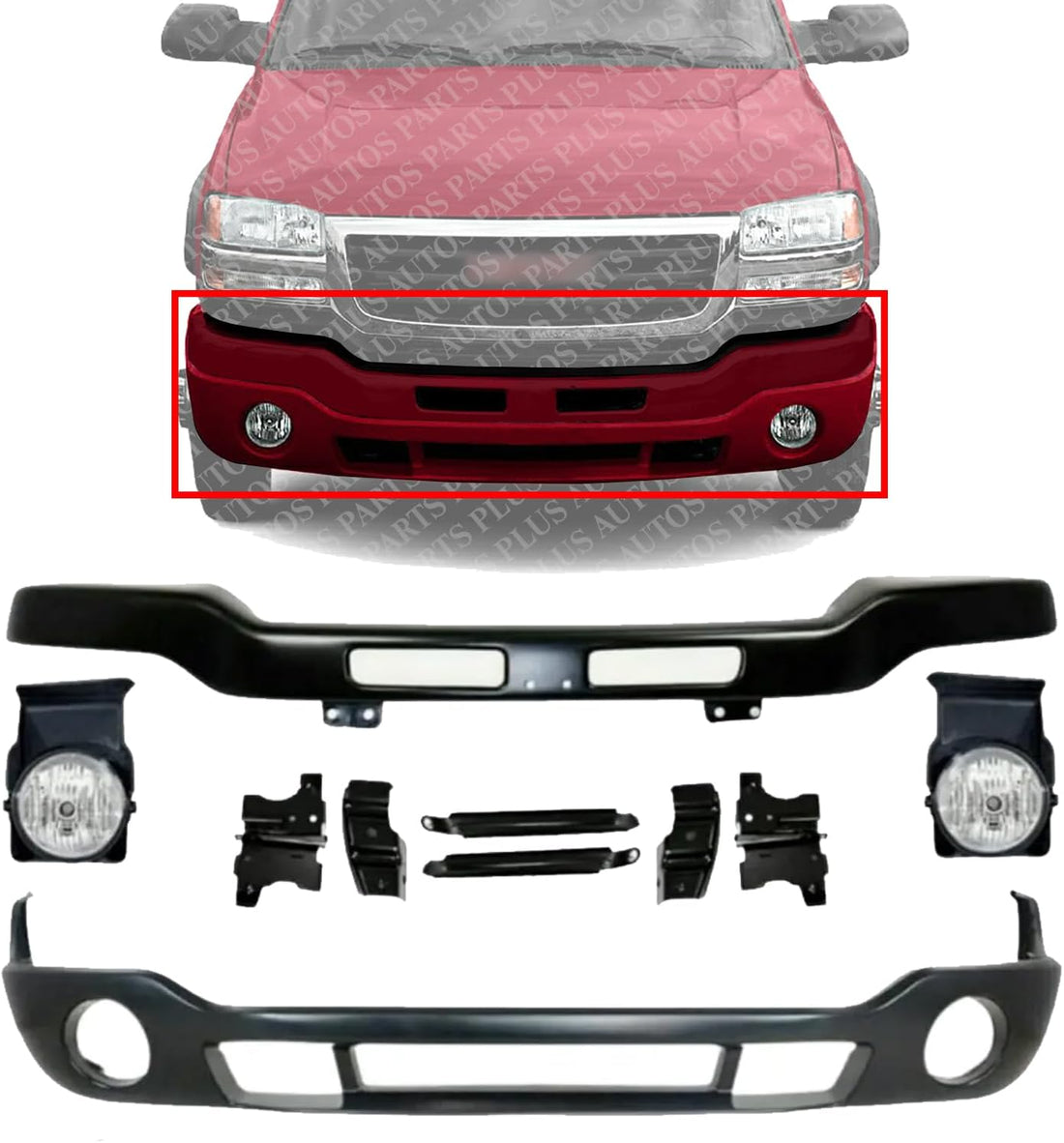 Front Bumper Primed Steel with Brackets + Lower Valance + Fog Light Left & Right Side Direct Replacement Compatible With 2003-2006 GMC Sierra 1500 2500HD 3500 GM1002464