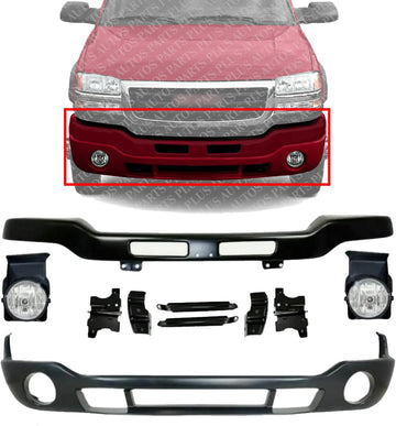Front Bumper Primed Steel with Brackets + Lower Valance + Fog Light Left & Right Side Direct Replacement Compatible With 2003-2006 GMC Sierra 1500 2500HD 3500 GM1002464