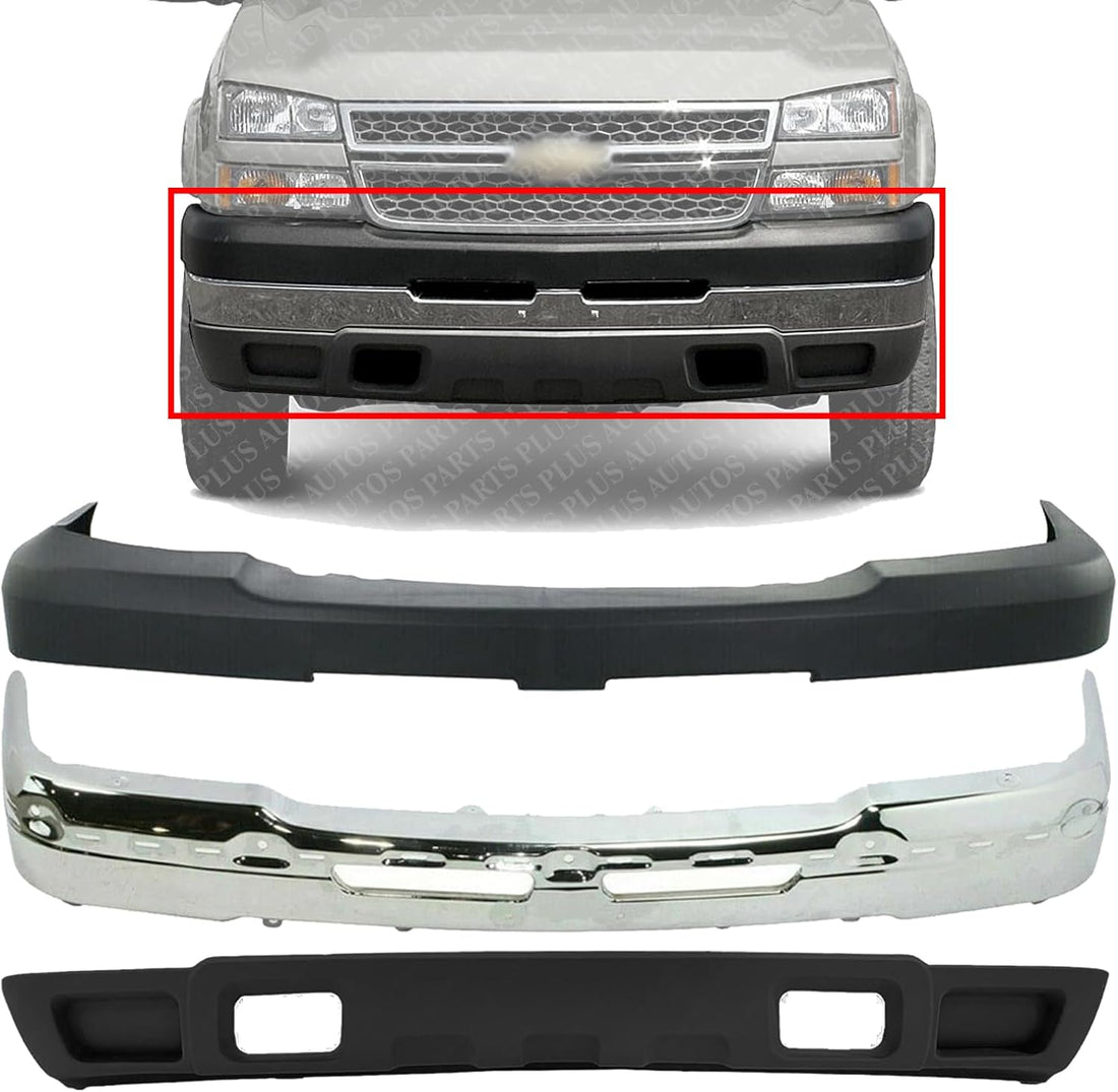 Front Bumper Chrome Steel + Upper Cover + Lower Valance Air Deflector Textured Black Direct Replacement Compatible With Chevrolet Silverado 2500HD 3500 2003-2006 GM1051109 GM1092205