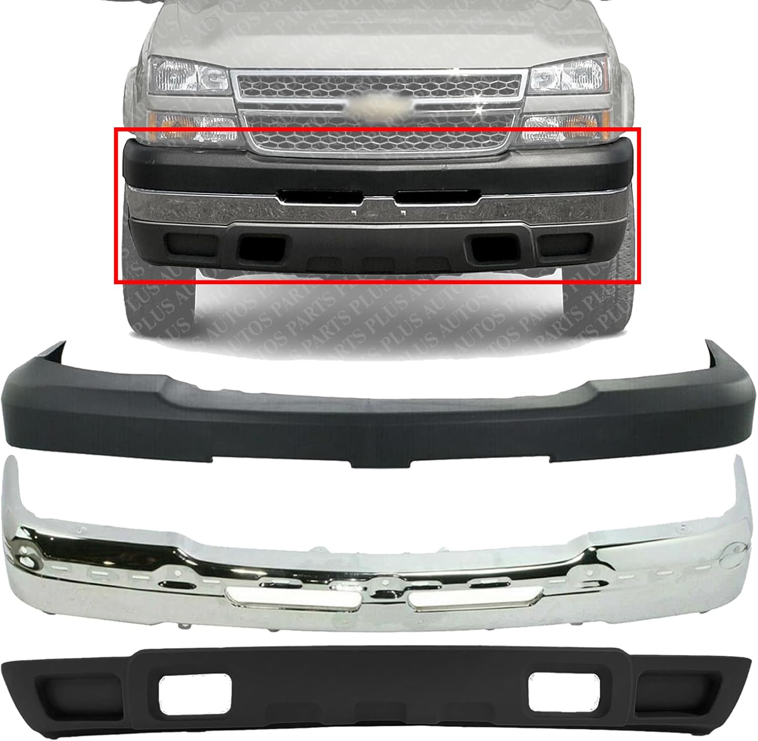 Front Bumper Chrome Steel + Upper Cover + Lower Valance Air Deflector Textured Black Direct Replacement Compatible With Chevrolet Silverado 2500HD 3500 2003-2006 GM1051109 GM1092205