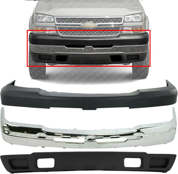 Front Bumper Chrome Steel + Upper Cover + Lower Valance Air Deflector Textured Black Direct Replacement Compatible With Chevrolet Silverado 2500HD 3500 2003-2006 GM1051109 GM1092205