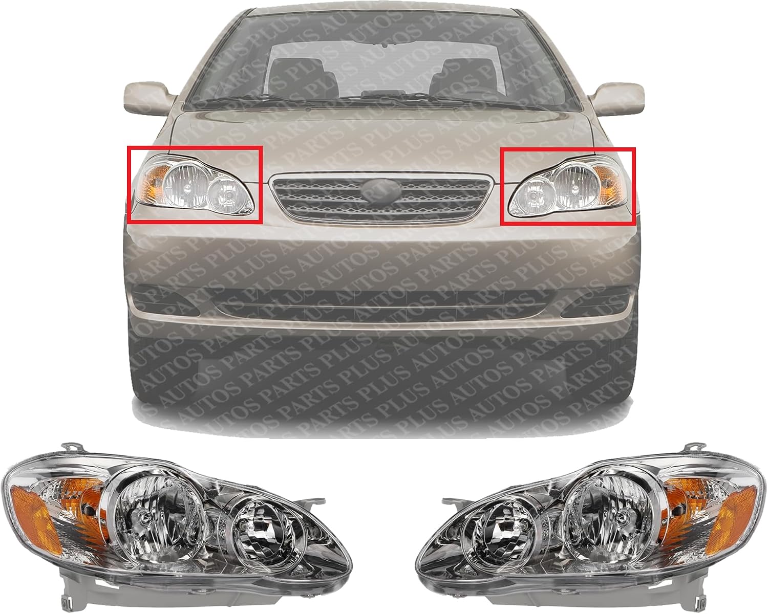 Set Of 2 Front Head Light Assembly With Chrome Interior Plastic Left Driver & Right Passenger Side Direct Replacement Compatible With 2005-2008 Toyota Corolla TO2503160 TO2502160