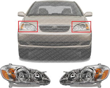 Set Of 2 Front Head Light Assembly With Chrome Interior Plastic Left Driver & Right Passenger Side Direct Replacement Compatible With 2005-2008 Toyota Corolla TO2503160 TO2502160