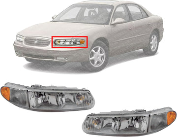 Set Of 2 Front Head Light Assembly Halogen Left Driver & Right Passenger Side Direct Replacement Compatible With 1997-2005 Buick Century / 1997-2004 Regal GM2503183 GM2502183