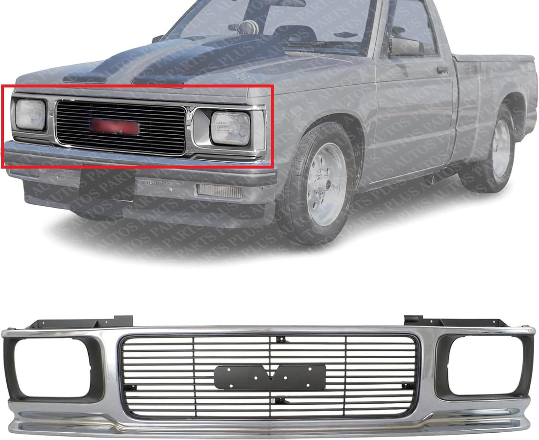Front Grille Assembly Chrome Shell And Painted Gray Insert With Headlight Holes & Emblem Provision Direct Replacement Compatible With 1992-1994 GMC Jimmy / 1991-1993 Sonoma GM1200346