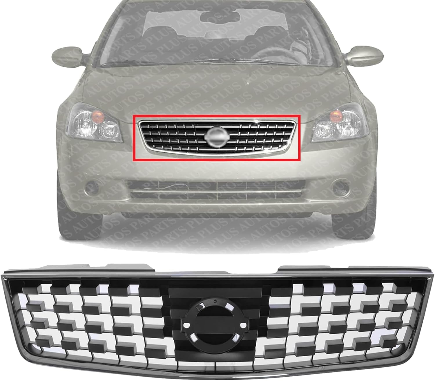 Front Grille Chrome Shell With Prime Insert Plastic Direct Replacement Compatible With 2007-2009 Nissan Sentra NI1200222 62070ET000