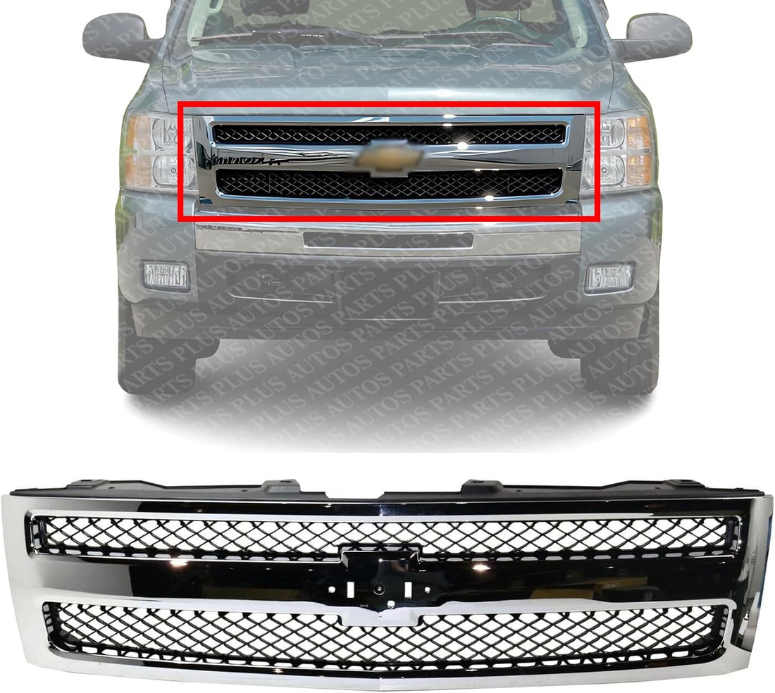Front Grille Chrome Shell And Insert Plastic Factory Installed Direct Replacement Compatible With 2007-2013 Chevrolet Silverado 1500 GM1200572 25810707 19303978 22849840