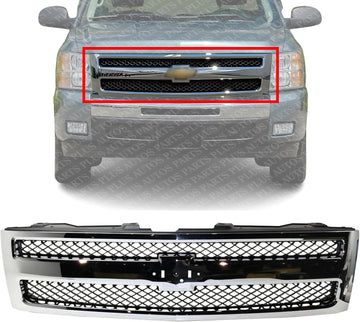 Front Grille Chrome Shell And Insert Plastic Factory Installed Direct Replacement Compatible With 2007-2013 Chevrolet Silverado 1500 GM1200572 25810707 19303978 22849840