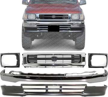 Front Bumper Chrome + Grille + Lower Valance + Headlight Bezels Right Passenger & Left Driver Side Direct Replacement Compatible With 1992-1995 Toyota Pickup 4WD TO1002104 TO1095105