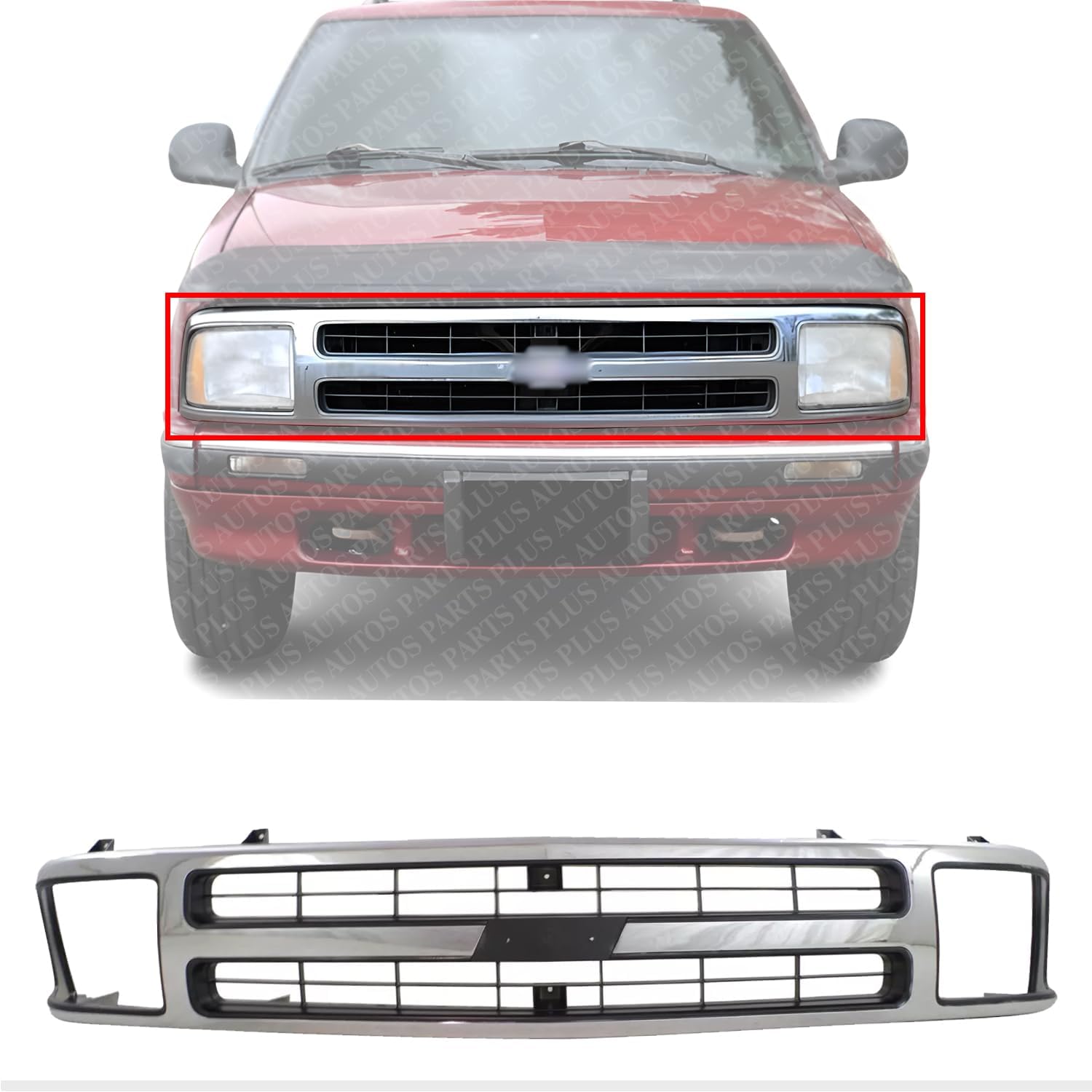 Front Grille Assembly Chrome Shell With Black Insert Direct Replacement Compatible With 1995-1997 Chevrolet Blazer GM1200383 15672329