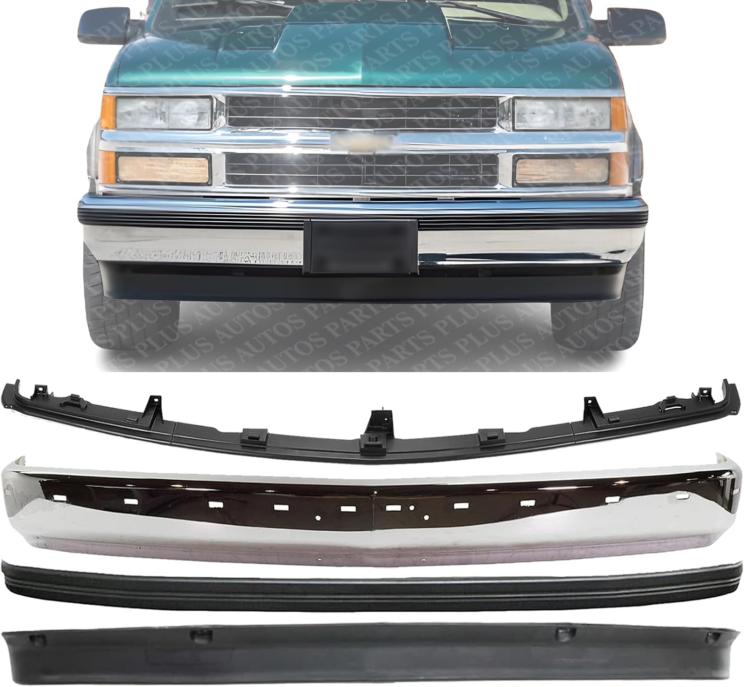 Front Bumper Chrome Steel With Pad Holes + Center Filler + Lower Valance Air Deflector + Molding Impact Strip Direct Replacement Compatible With 1994-2002 Chevrolet/GMC C/K-Series