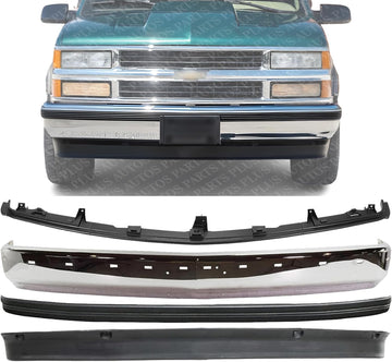 Front Bumper Chrome Steel With Pad Holes + Center Filler + Lower Valance Air Deflector + Molding Impact Strip Direct Replacement Compatible With 1994-2002 Chevrolet/GMC C/K-Series