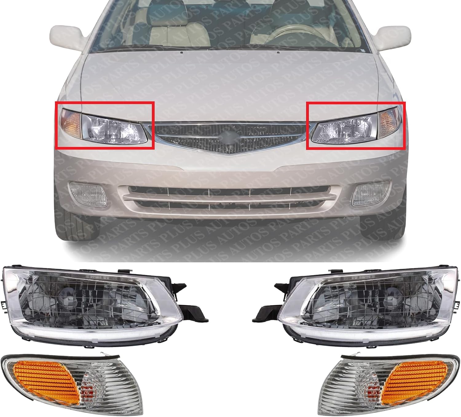 Front Head Lights Assembly + Corner Lamps Plastic Left Driver & Right Passenger Side Direct Replacement Compatible With 1999-2001 Toyota Solara TO2503131 TO2502131 TO2520159 TO2521159