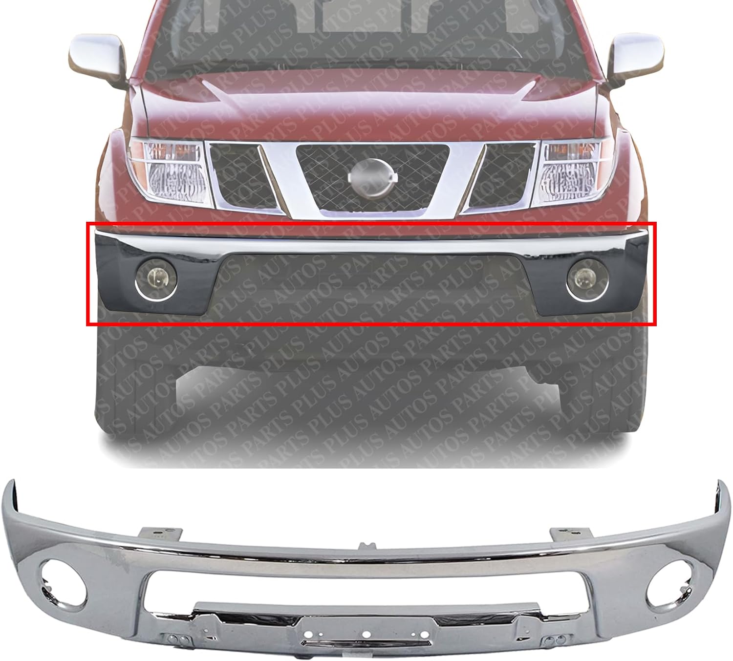 Front Lower Bumper Chrome Steel With Fog Light Holes Direct Replacement Compatible With 2005-2017 Nissan Frontier NI1002143 62014ZL00B