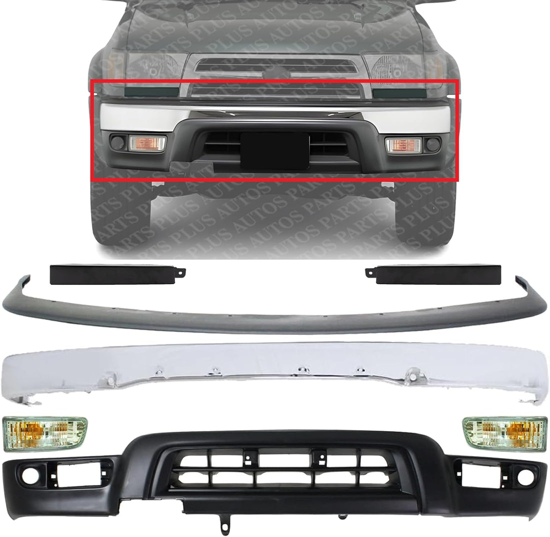 Front Bumper Chrome Steel + Upper Filler + Lower Valance Primed + Grille Extensions + Signal Lights Right & Left Side Direct Replacement Compatible With 1999-2002 Toyota 4Runner
