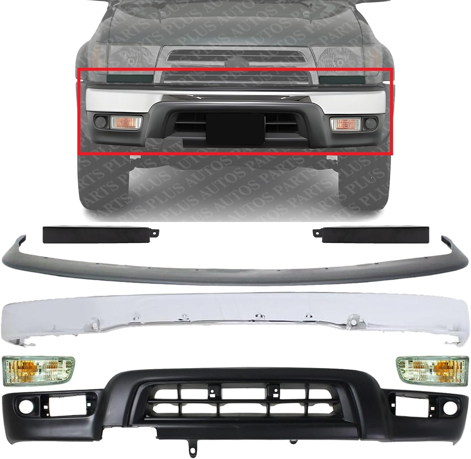 Front Bumper Chrome Steel + Upper Filler + Lower Valance Primed + Grille Extensions + Signal Lights Right & Left Side Direct Replacement Compatible With 1999-2002 Toyota 4Runner