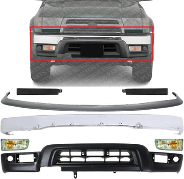 Front Bumper Chrome Steel + Upper Filler + Lower Valance Primed + Grille Extensions + Signal Lights Right & Left Side Direct Replacement Compatible With 1999-2002 Toyota 4Runner
